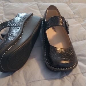 Alegria Black Floral Embossed Mary Jane Clogs